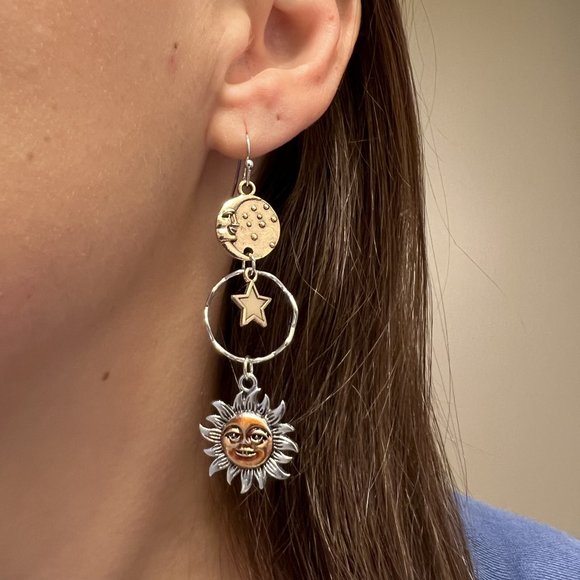 Celestial Sun Crescent Moon & Stars Silver & Gold Mixed Metals Dangle Earrings - Picture 3 of 4